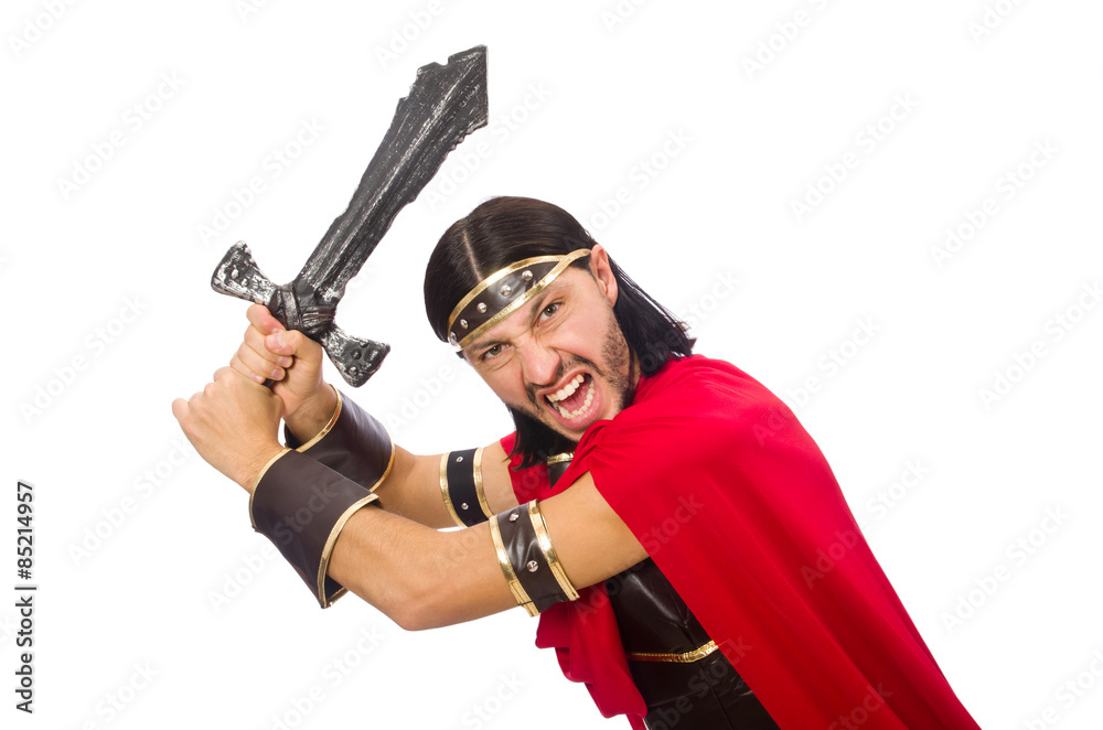 Gladiator holding sword isolated on white