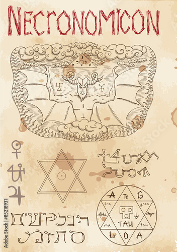 Page from magic book Necronomicon with devil 