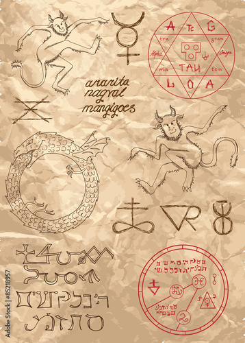 Old page from magic book with demons and mystic symbols