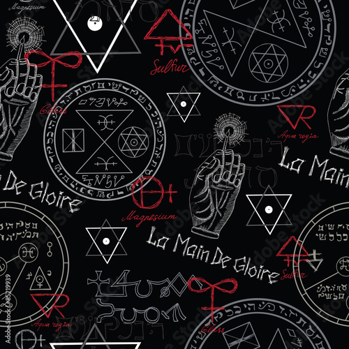 Seamless pattern with mystic symbols on black