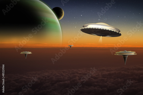 A UFO flies over floating cities on an alien world.