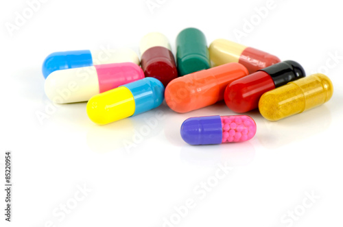 Colorful of oral medications on White Background.