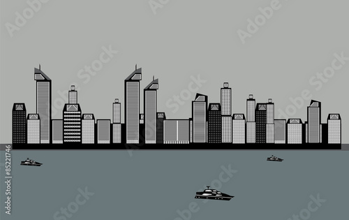 Isolated Buildings of the City, Sea, Boat. Vector Illustration