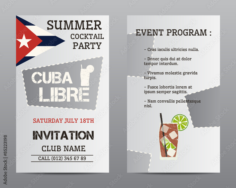 Summer cocktail party flyer layout template with Cuba flag and