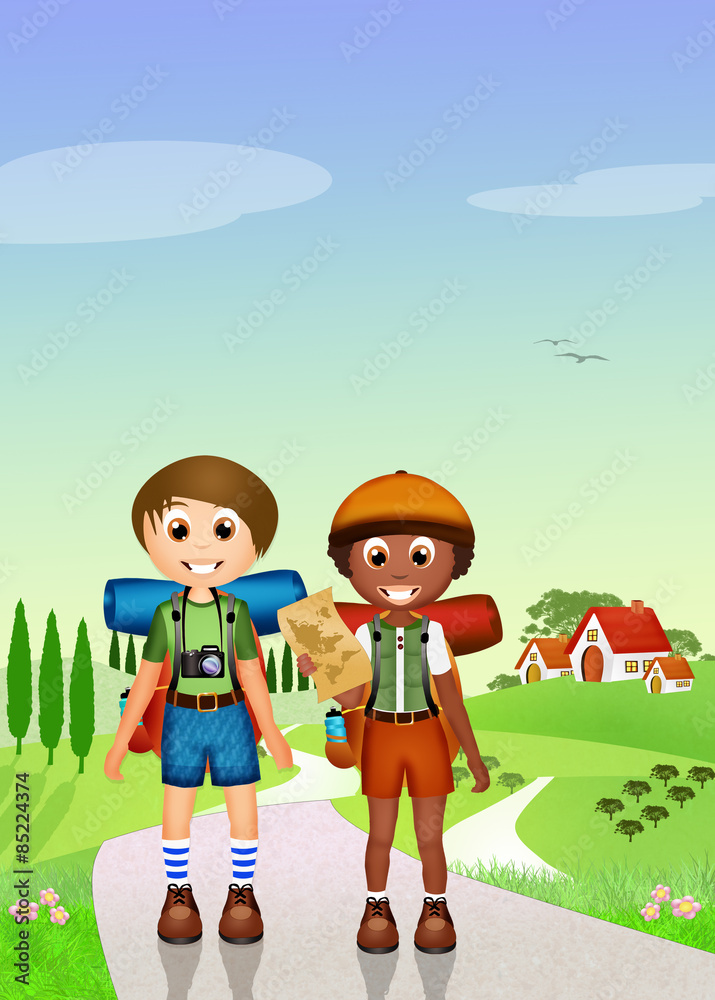 Children walking in the mountains Children walking in the mountains