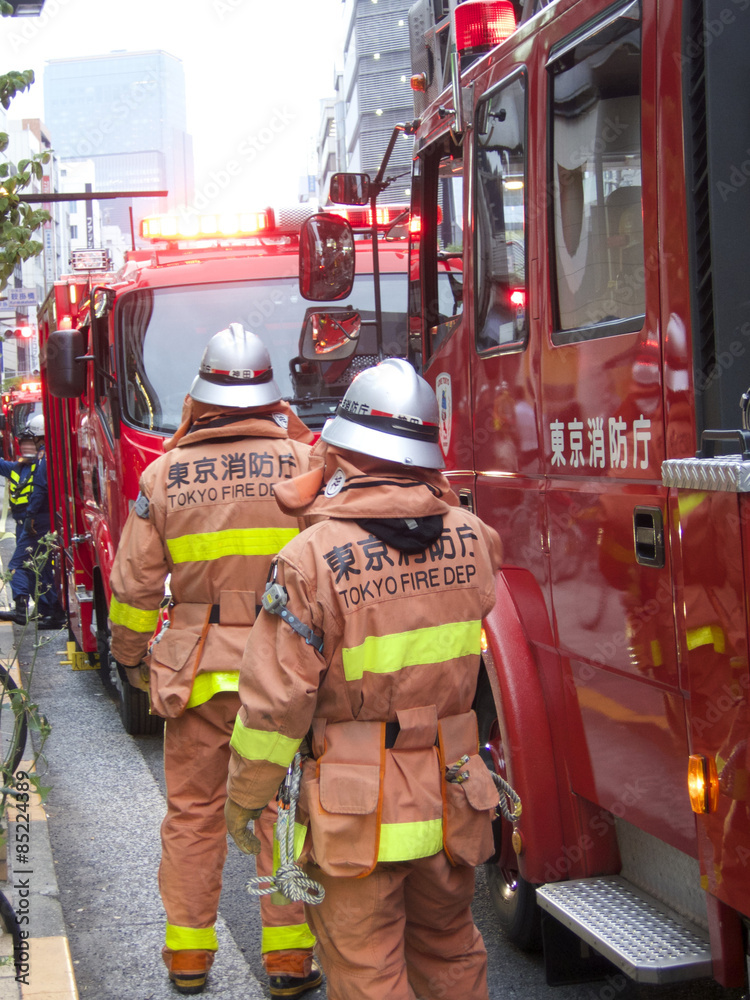 Naklejka premium 消防車と消防隊員