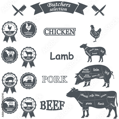 vector diagram cut carcasses of chicken, pig, cow, lamb