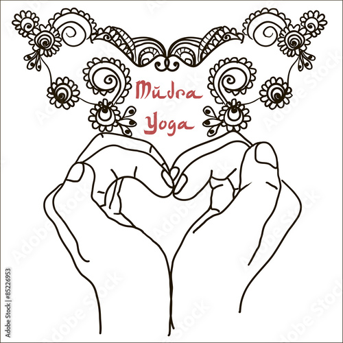 Element yoga mudra hands with mehndi patterns.