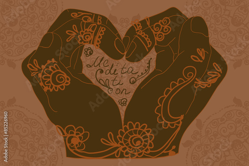 Element yoga mudra hands with mehndi patterns.