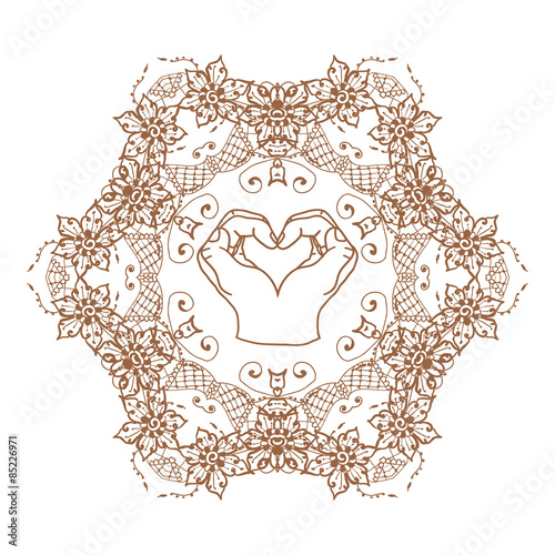 Element yoga mudra hands with mehndi patterns.