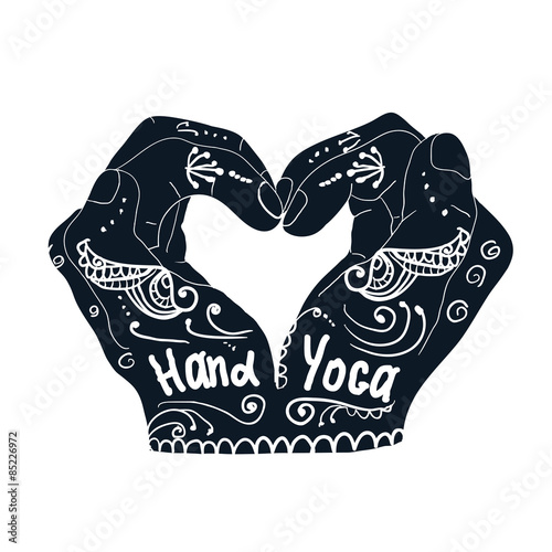 Element yoga mudra hands with mehndi patterns.