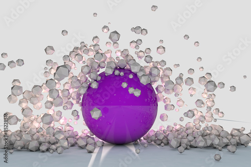 Abstract 3d objects explode around purple sphere backlit