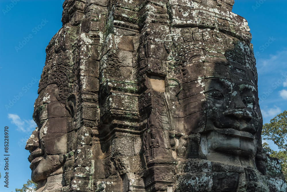 towers as metaphor of the mount meru with the head of lokeshvara and the face of jayavarman VII in the complex of the bayon in the archaeological angkor thom place in siam reap, cambodia