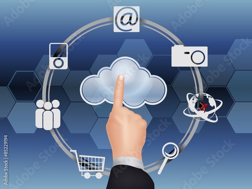 Cloud computing concept, finger touching the cloud.