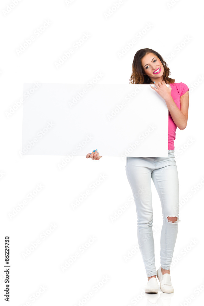 Smiling Woman With White Poster. Full length studio shot isolated on white Smiling Woman With White Poster. Full length studio shot isolated on white