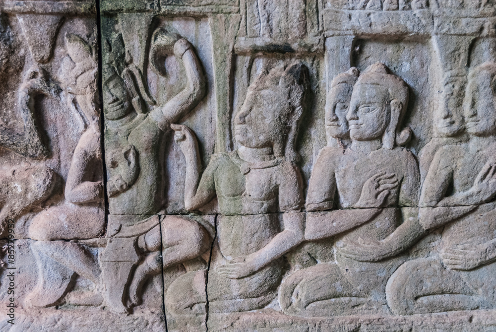 bas-relief in the complex of the bayon in the archaeological angkor thom place in siam reap, cambodia