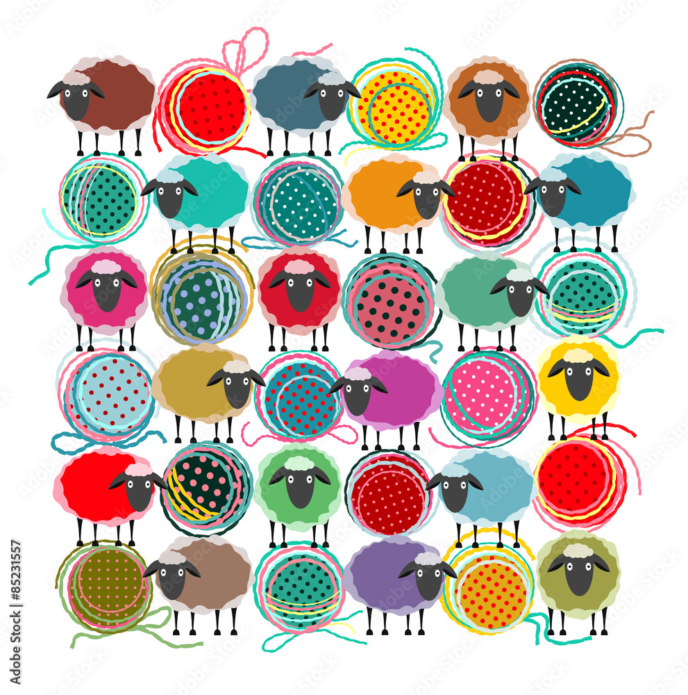Obraz premium Knitting Yarn Balls and Sheep Square Composition