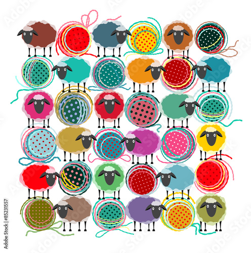 Knitting Yarn Balls and Sheep Square Composition