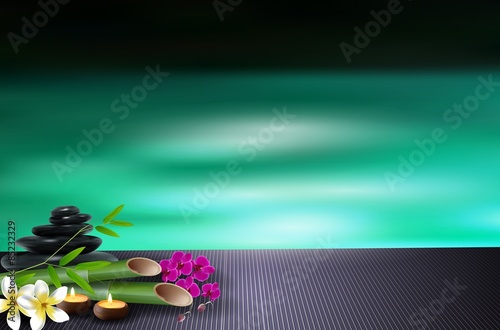 Stone, wax, flowers, and bamboo blue sea background