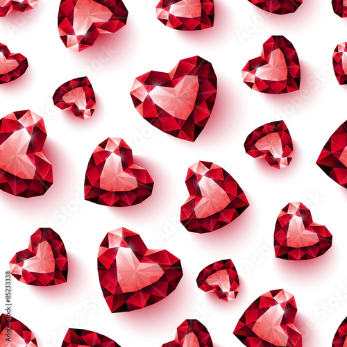 Shiny red ruby heart on white background seamless pattern