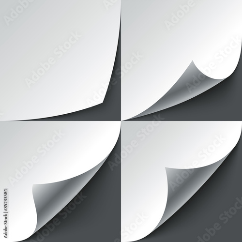 Set of curled white paper page corners with realistic shadows