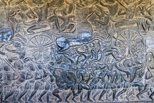 bas-reliefs representing the kurukshetra battle in the archaeological place of angkor wat in siam reap, cambodia