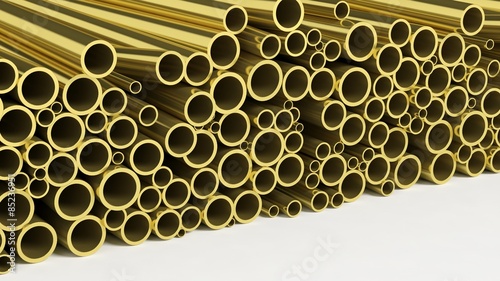 Metal brass pipe stacks isolated on white background
