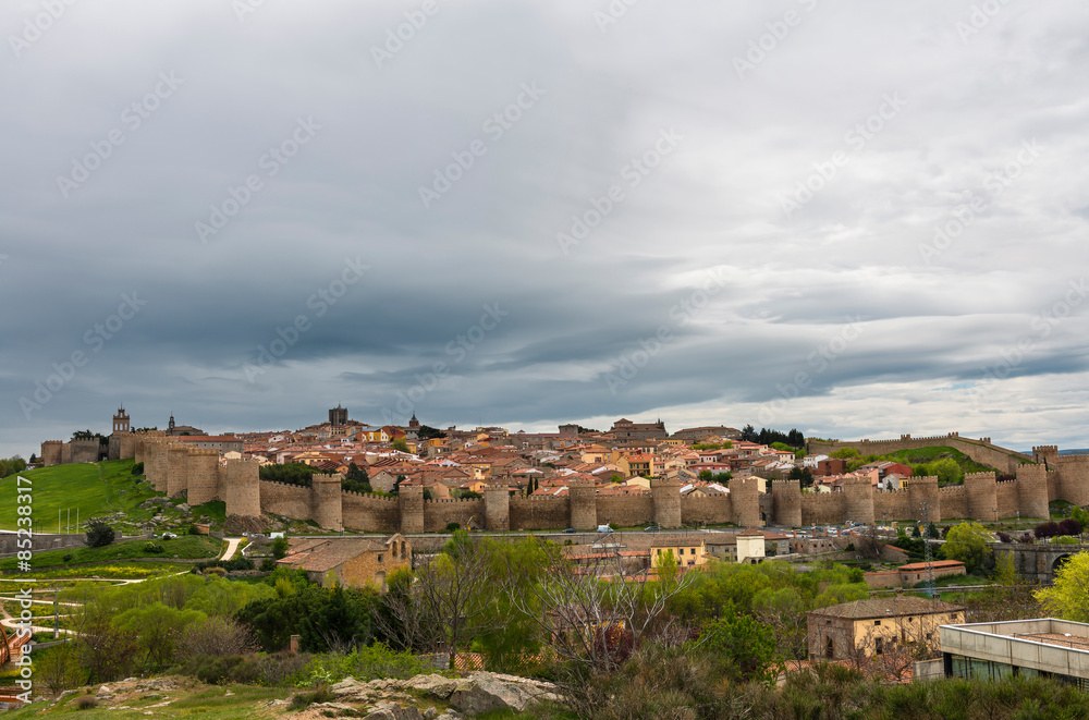 Cityscape and medieval Walls of Avila in Spain