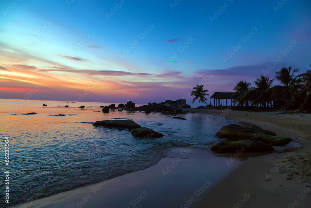 Palm Trees silhouettes Sunrise Tropical landscape sea