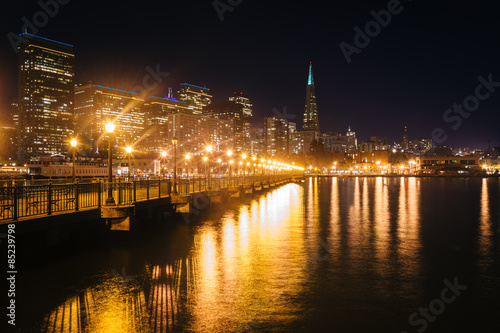 Pier 7 and buildings at night, in San Francisco, California.