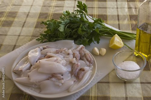 Raw squid on a plate for cooking seafood