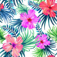 Fotobehang Hibiscus patronen Kleurrijk aloha hibiscus palmbladeren motief  © rosapompelmo