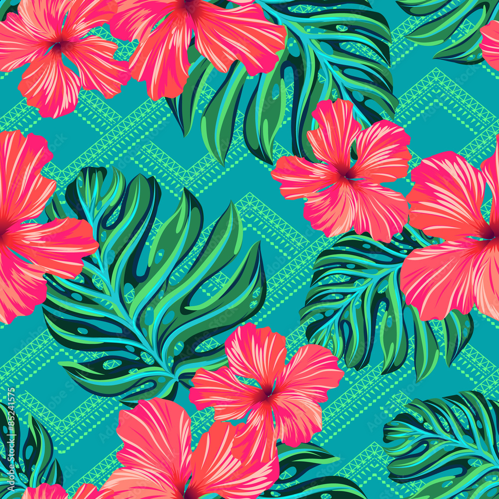 Naklejka premium vector seamless pattern with flowers and geometric tribal shapes. hibiscus and monstera tropical leaves on ornamental background. vibrant fashionable design