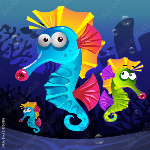 Colorful seahorses underwater