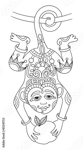 line art drawing of ethnic monkey in decorative ukrainian style