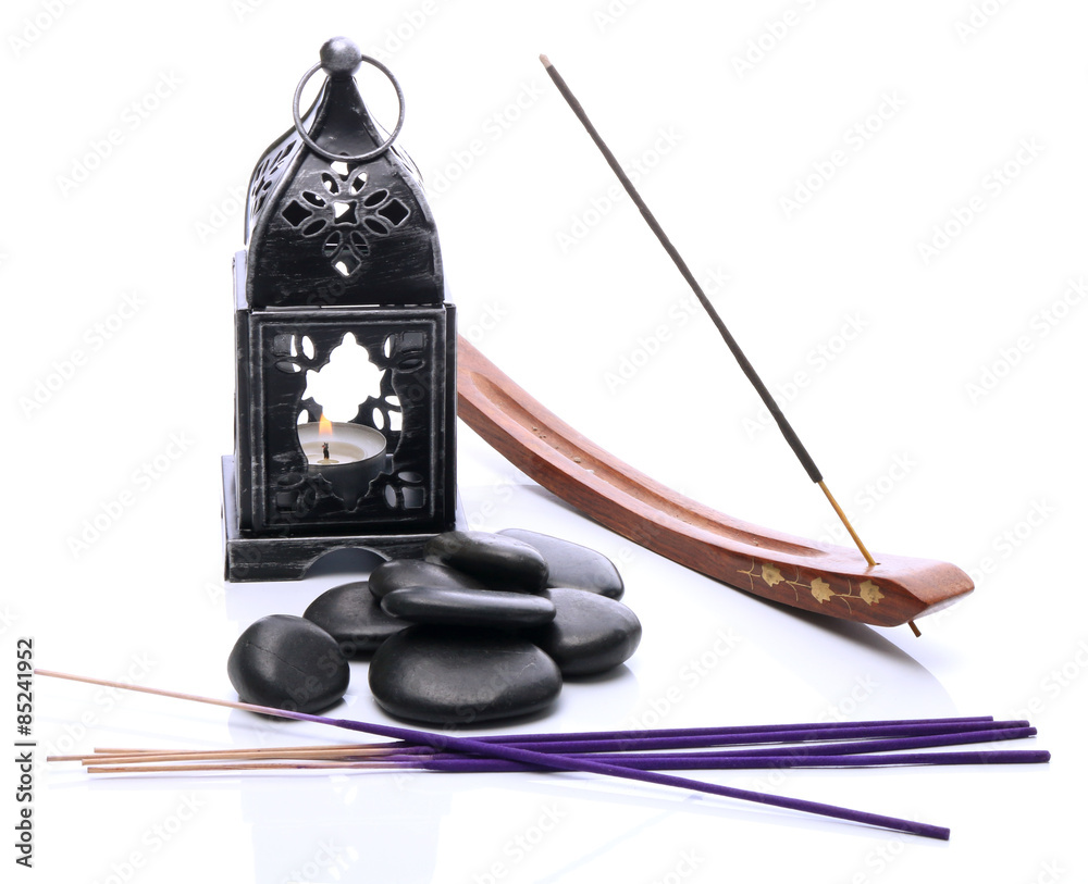 Fototapeta premium Lantern and incense on a white background