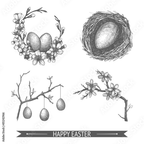 Vector vintage collection of ink hand drawn Easter illustrations isolated on white. Easter holiday sketch set.
