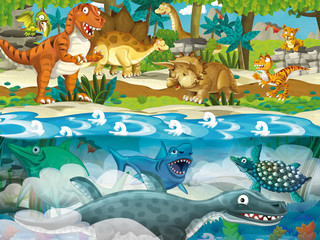 Poster Dinosaurus Cartoon dinosaurussen op land en zee  © honeyflavour