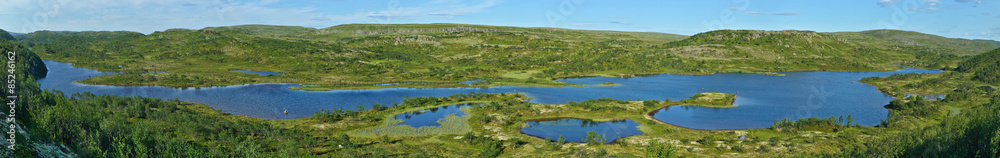 A long lake in summer tundra (panoramic view)