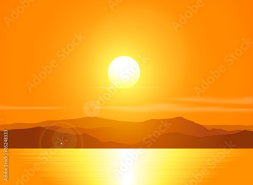 Landscape with sunset  over mountain range. 