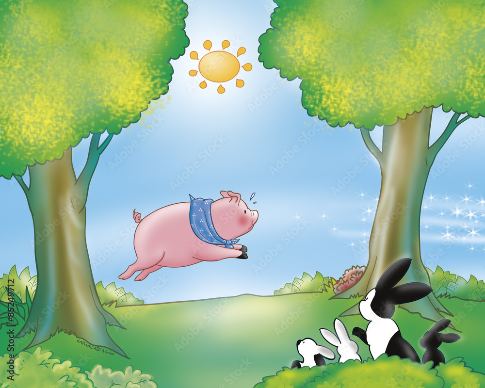 Cute pig running in the country white a funny family of rabbits are ...