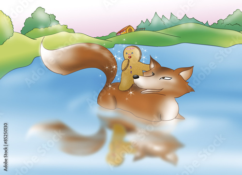 Gingerbread boy crossing the river on the back of the fox. Digital illustration for the gingerbread boy fairy tale.