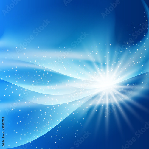 fantastic bright flash of light on blue background square sparks