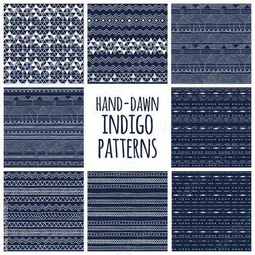 Set of eight indigo blue and white seamless hand drawn geomtric