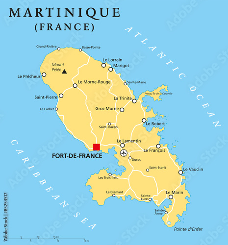 Martinique political map with capital Fort-de-France and important places. Overseas region of France in the Lesser Antilles region of the Caribbean Sea. English labeling and scaling. Illustration.