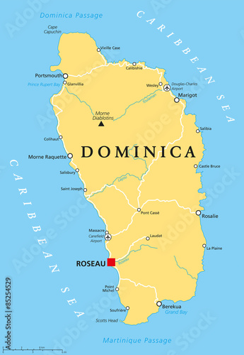 Dominica political map with capital Roseau and important places. Island country in the Lesser Antilles region of the Caribbean Sea. English labeling and scaling. Illustration.