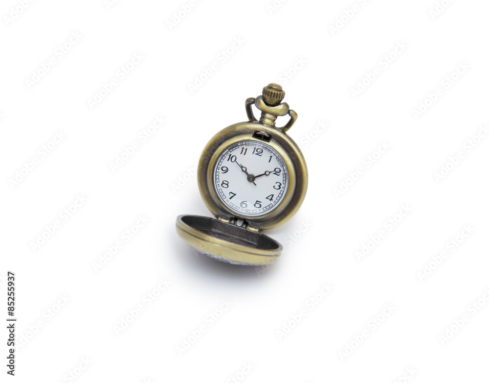 pocket watch on white background, necklace isolated