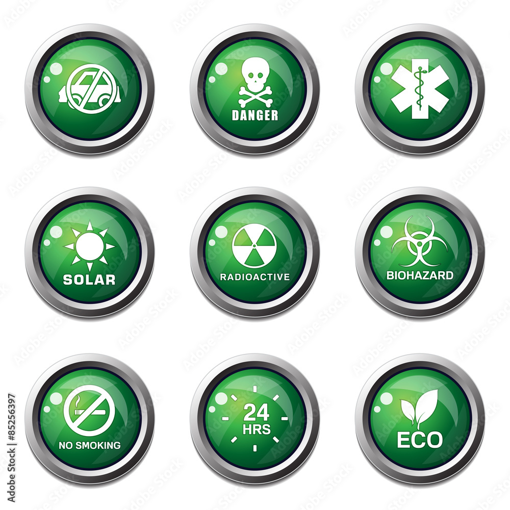 Warning Sign Green Vector Button Icon Design Set Warning Sign Green Vector Button Icon Design Set