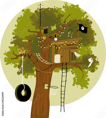 Cartoon tree house with a pirate flag, tire swing, basketball ring, telescope, cuckoo clock, clothes line and weather vane, no transparencies, EPS 8