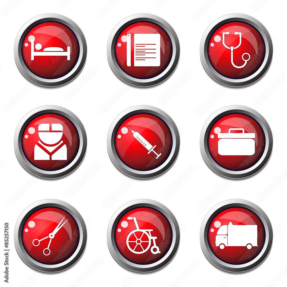 Hospital Health Red Vector Button Icon Design Set Hospital Health Red Vector Button Icon Design Set